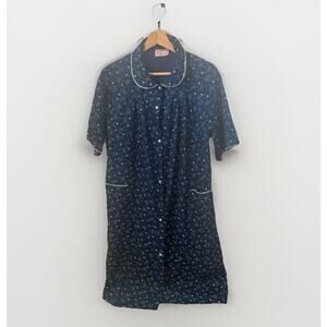 Vintage Heather Collection Muu Muu Robe Housecoat Blue Floral Bow Pearl Snaps Lg